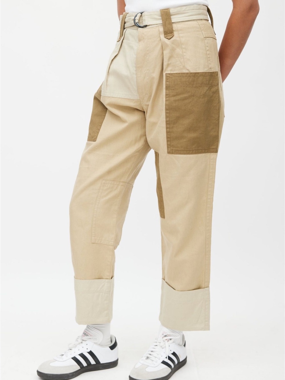 Patchwork Cargo Pants in Beige & Tan